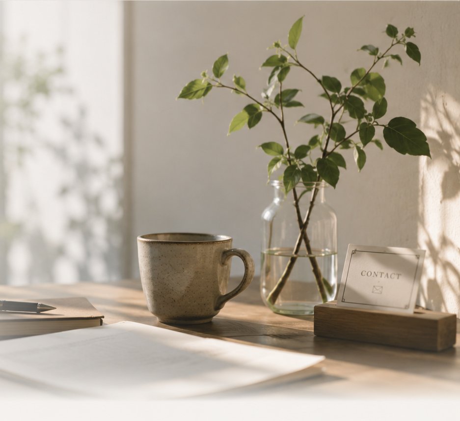 窓辺の机に置かれたノートとコーヒーと植物